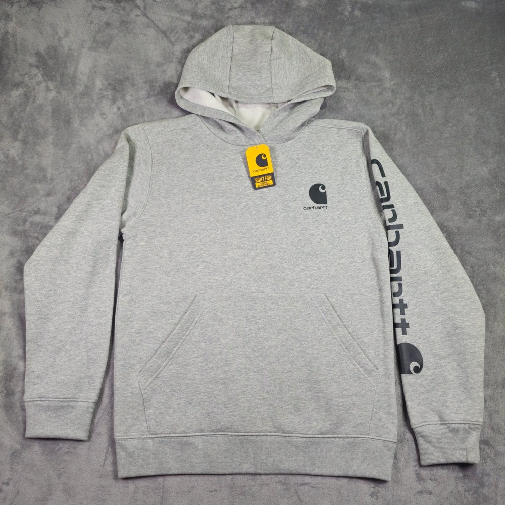 Carhartt Hoodie Youth L 14-16 Grey LS Graphic Sweatshirt TS6272-B Logo Sleeve